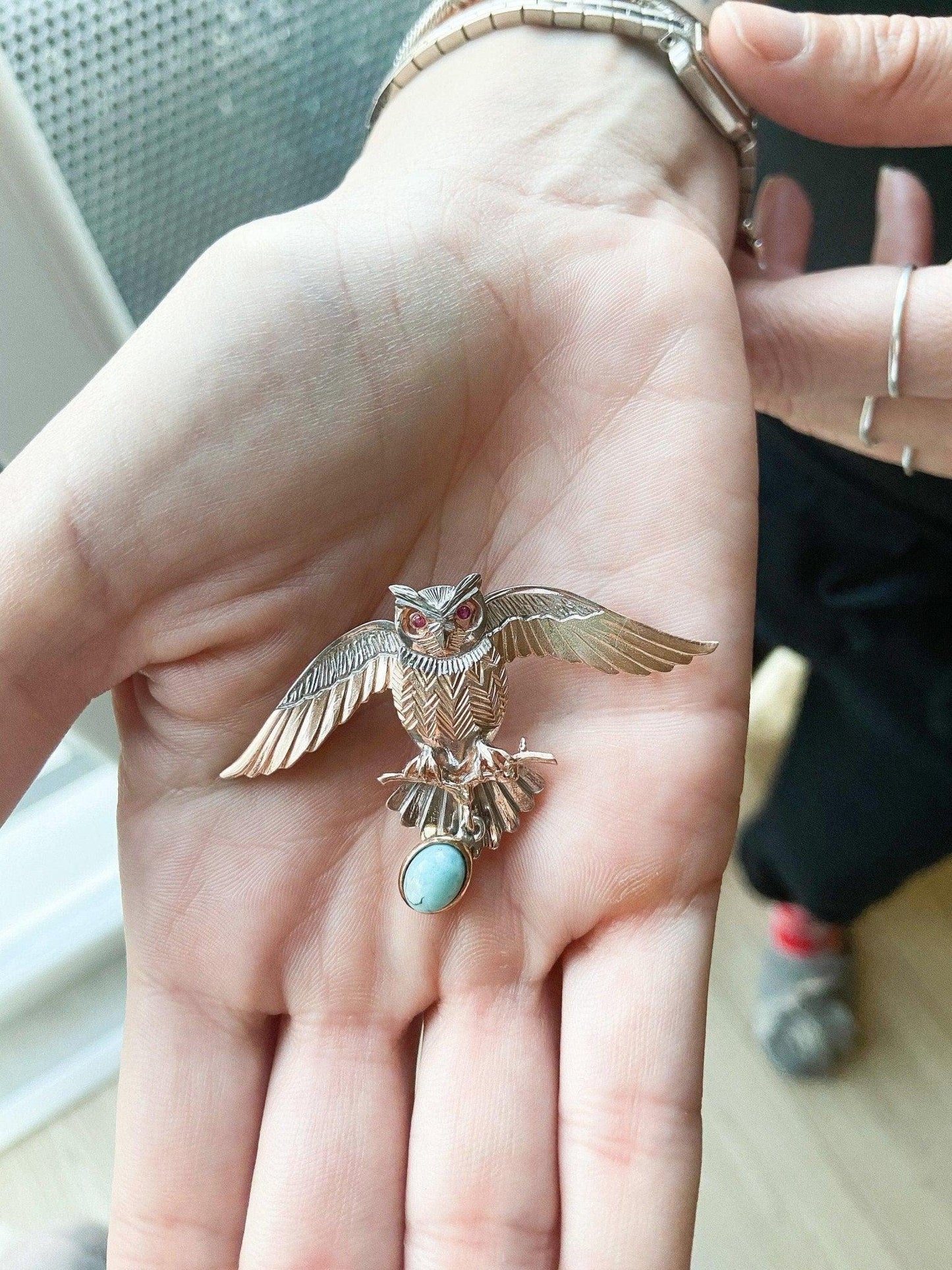 Turquoise Stone Owl Handmade Pendant, 925 Custom Desing Gemstone Owl, Turquoise Jewelry Owl, Root Ruby Eye Owl - Tracesilver