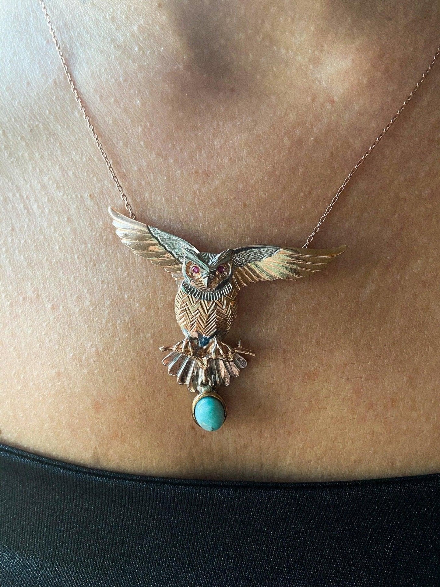 Turquoise Stone Owl Handmade Pendant, 925 Custom Desing Gemstone Owl, Turquoise Jewelry Owl, Root Ruby Eye Owl - Tracesilver