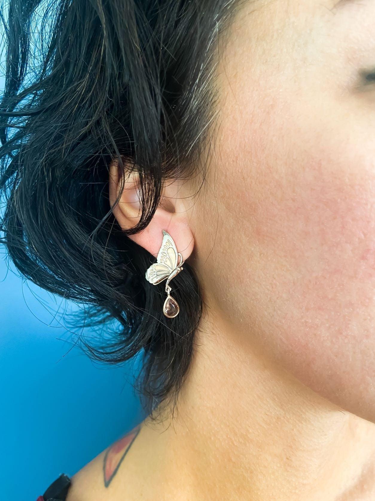 Zultanie Stone Butterfly Silver Earrings, Custom Desing Bird Stud Earrings, Handmade Butterfly Earrings,Silver Bird Earrings For Women - Tracesilver