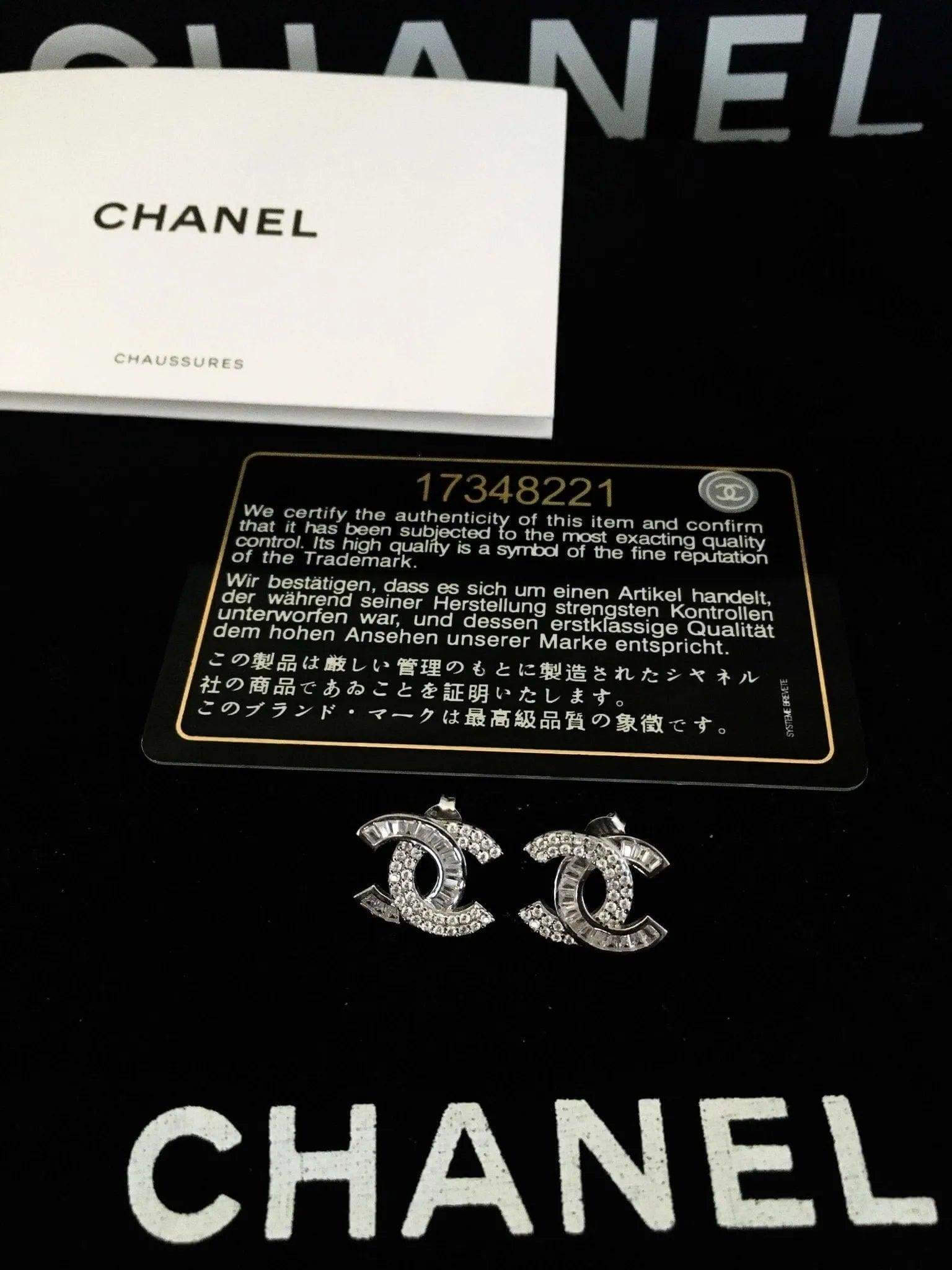 Authentic Chanel stud earrings 925 sterling silver with imported white zircon baguette stones luxury jewelry