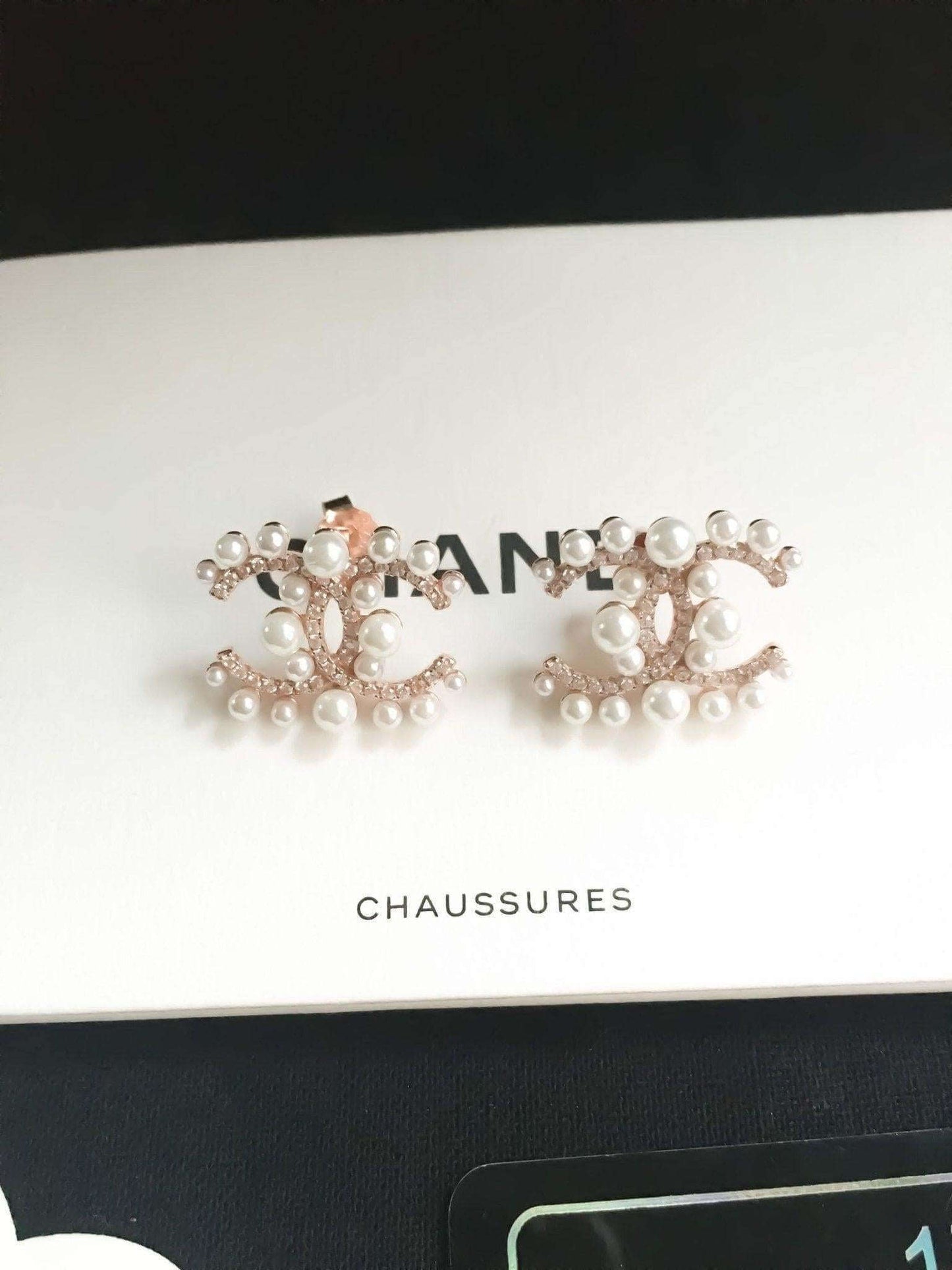 Authentic Chanel Pearl stud earrings in rose gold and silver with Italian imported stones on 925 sterling silver