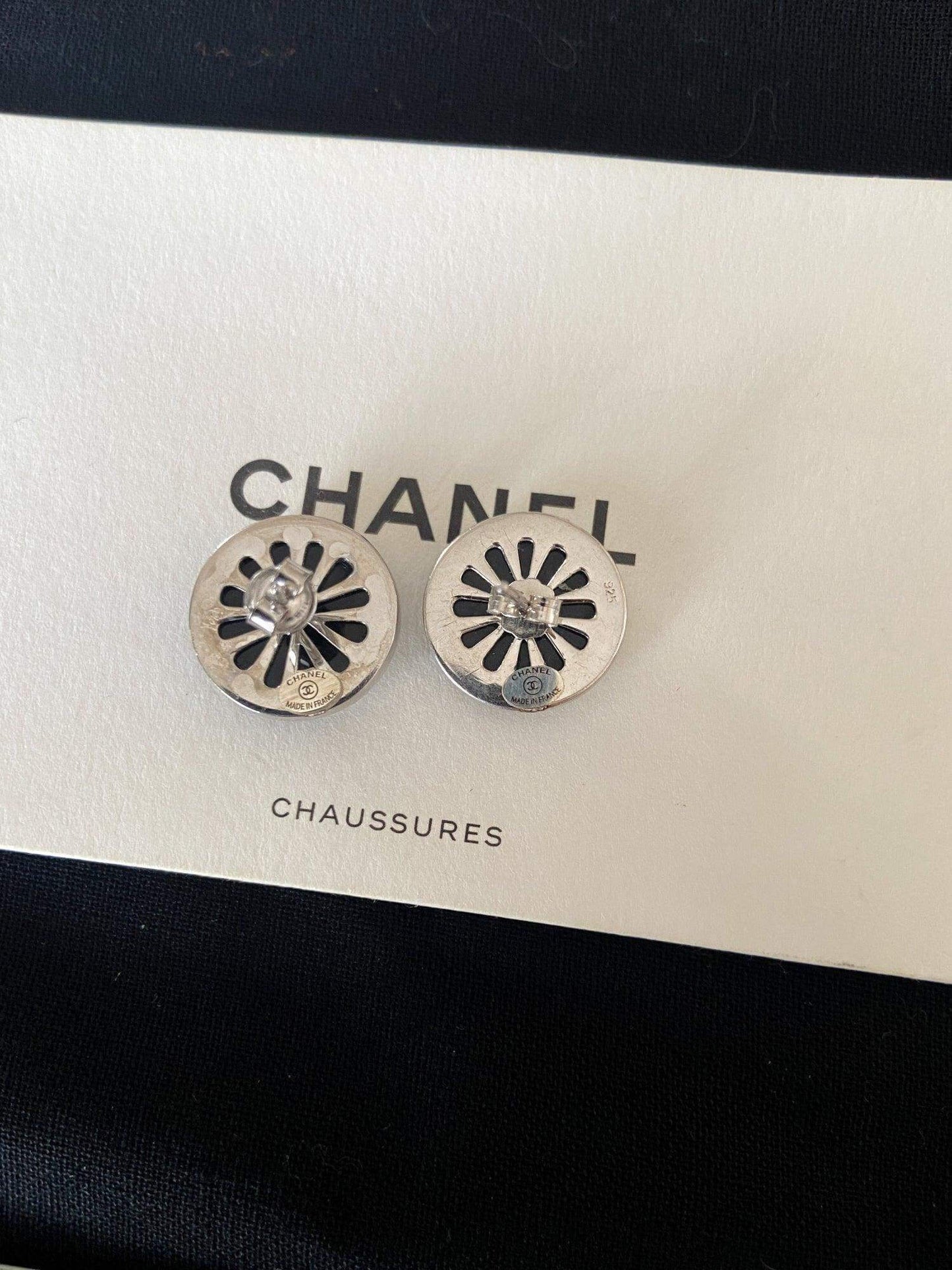 Vintage Chanel enamel 925 sterling silver earrings with white zircon baguette stones