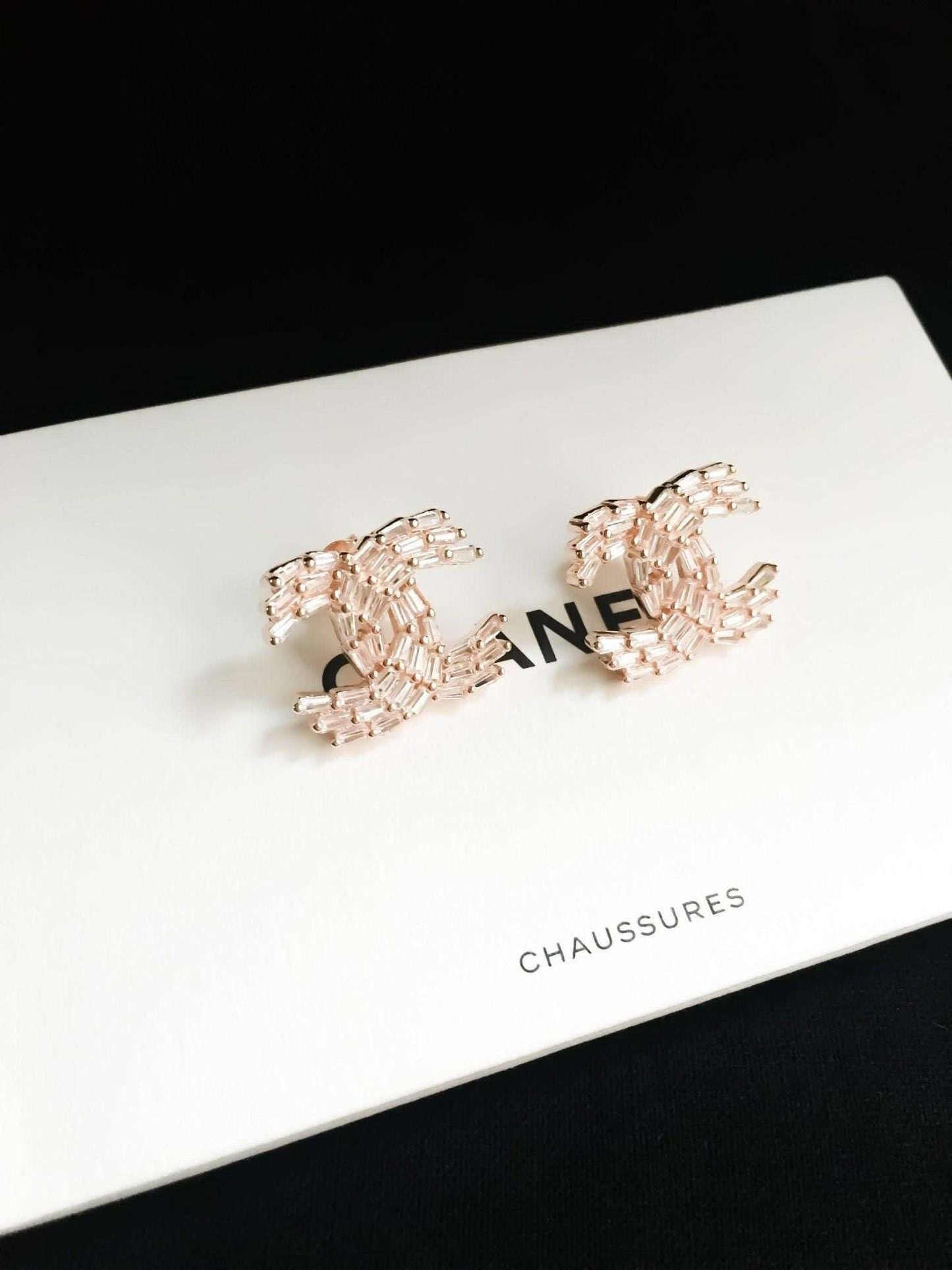 Chanel Rose Gold stud earrings with baguette stones in 925 sterling silver design