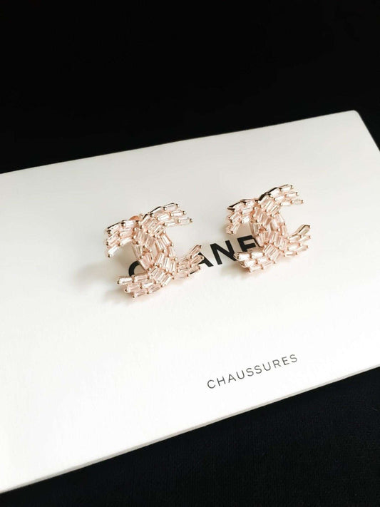 Chanel Rose Gold stud earrings with baguette stones in 925 sterling silver design