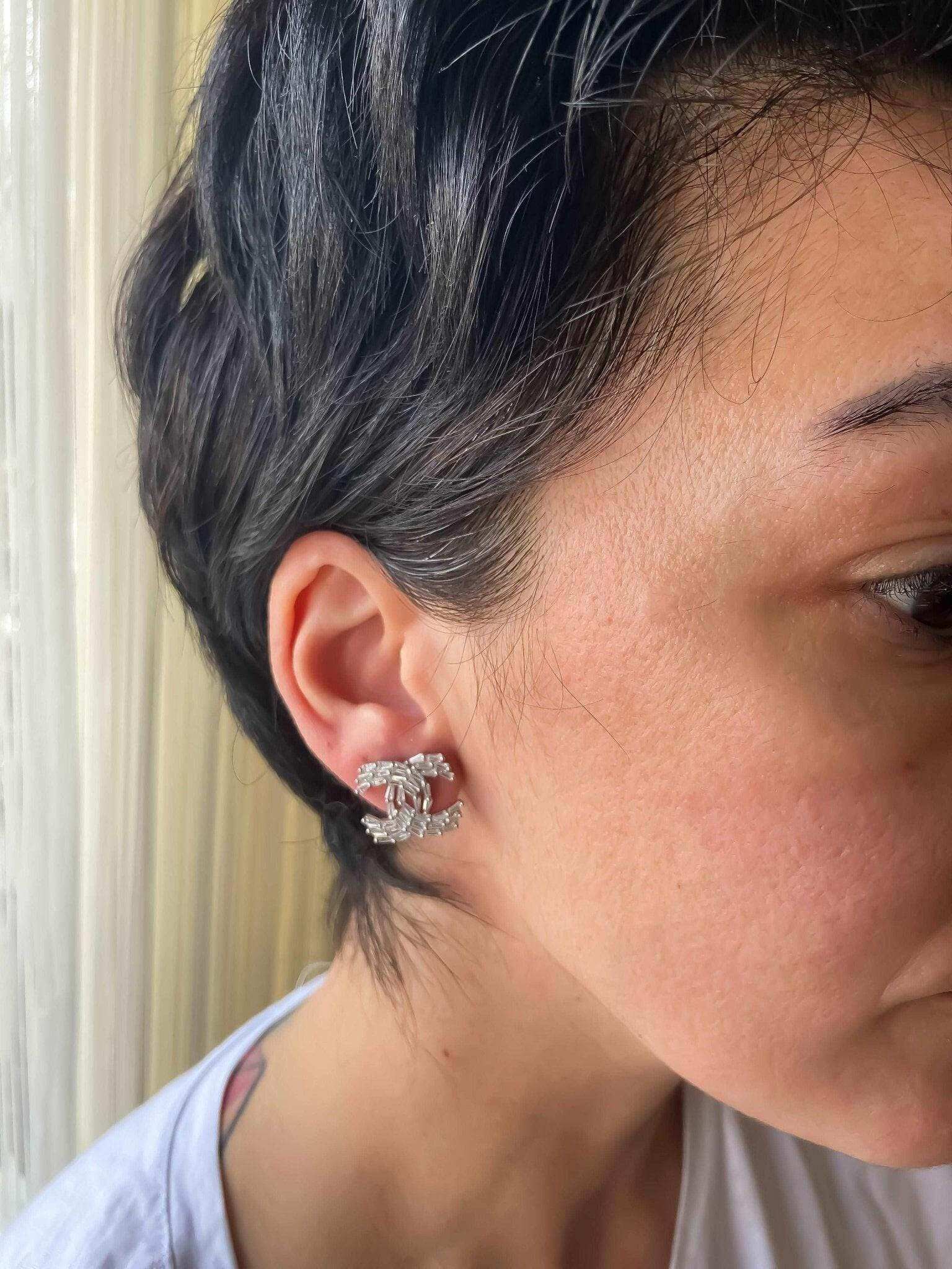 Chanel Baguette Vintage Earrings in 925 sterling silver with baguette stones worn on ear