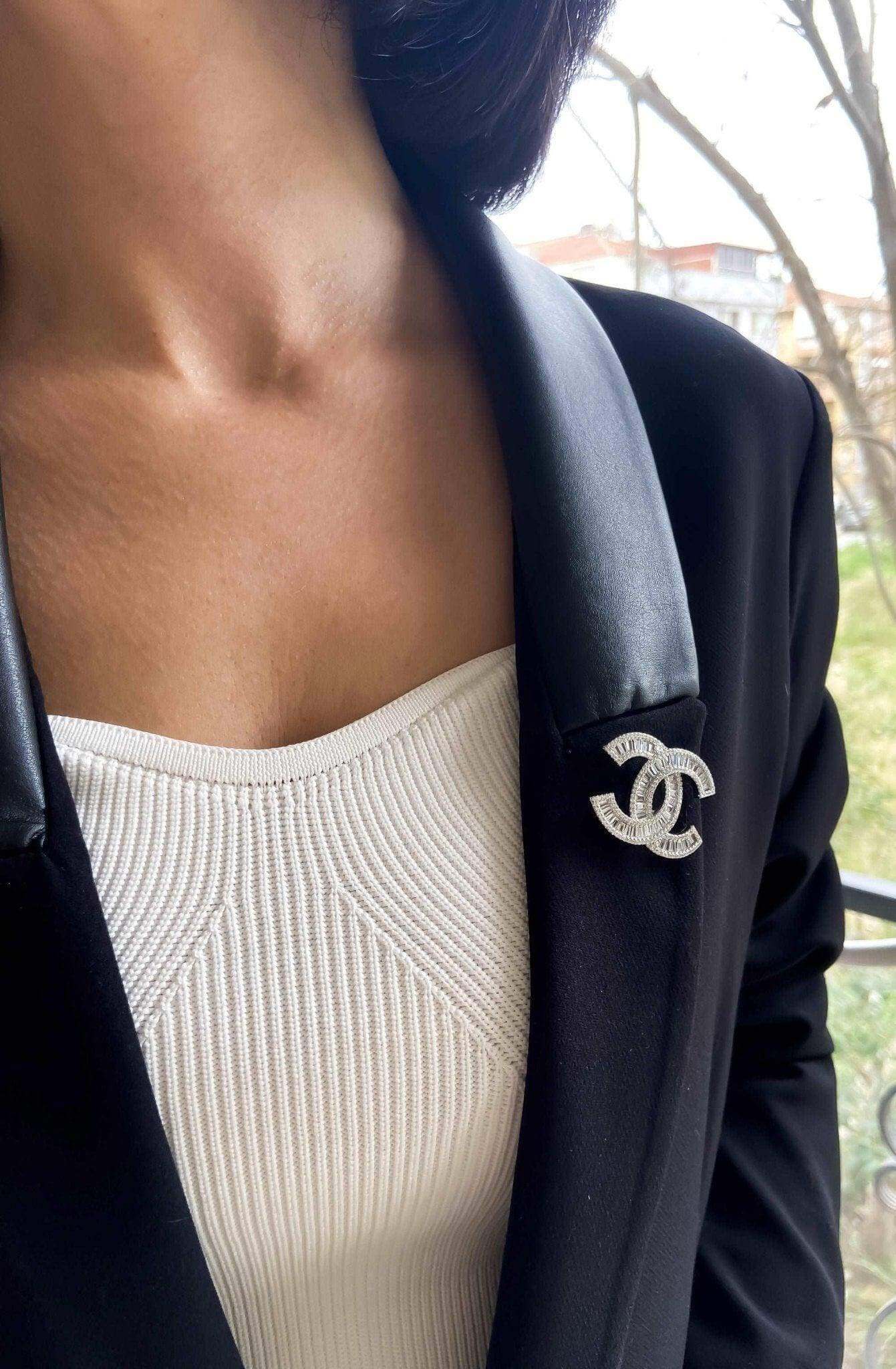 Chanel Brooch Elegant 925 Sterling Silver with Sparkling Zircon Stone - Timeless Glamour - Tracesilver