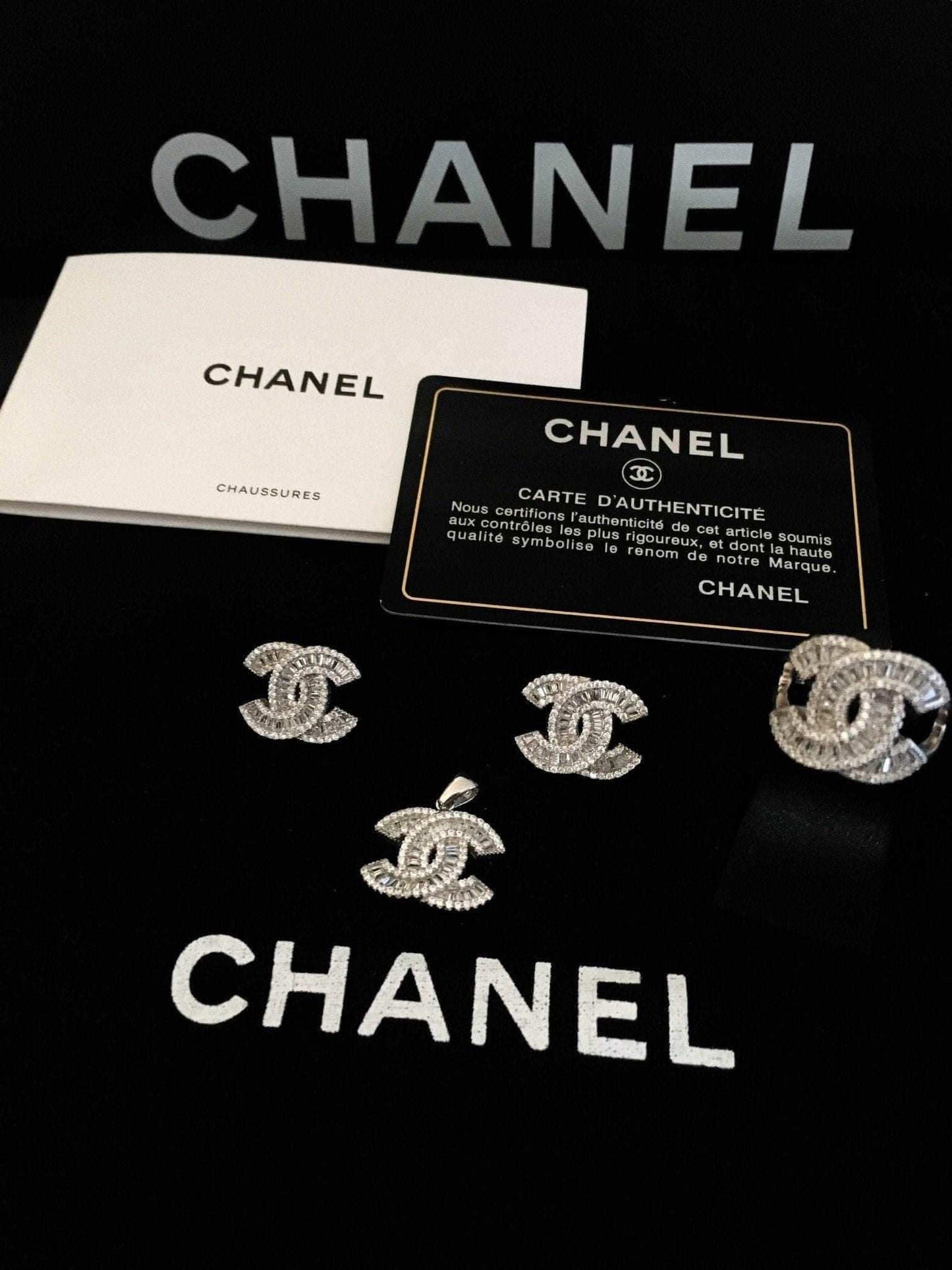 Chanel Vintage Set 925 Sterling Silver baguette cut earrings with authenticity cards and packaging