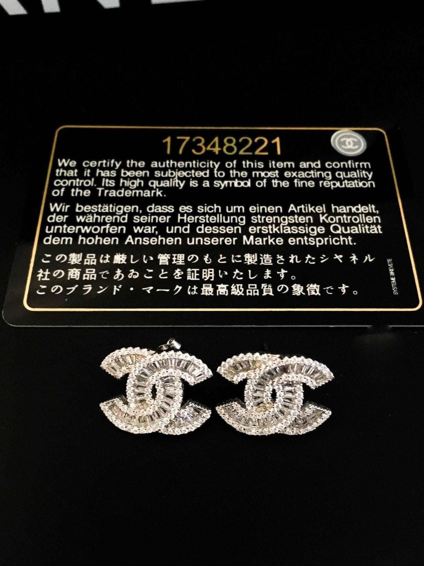 Chanel Vintage Set 925 Sterling Silver baguette cut logo earrings with authenticity card