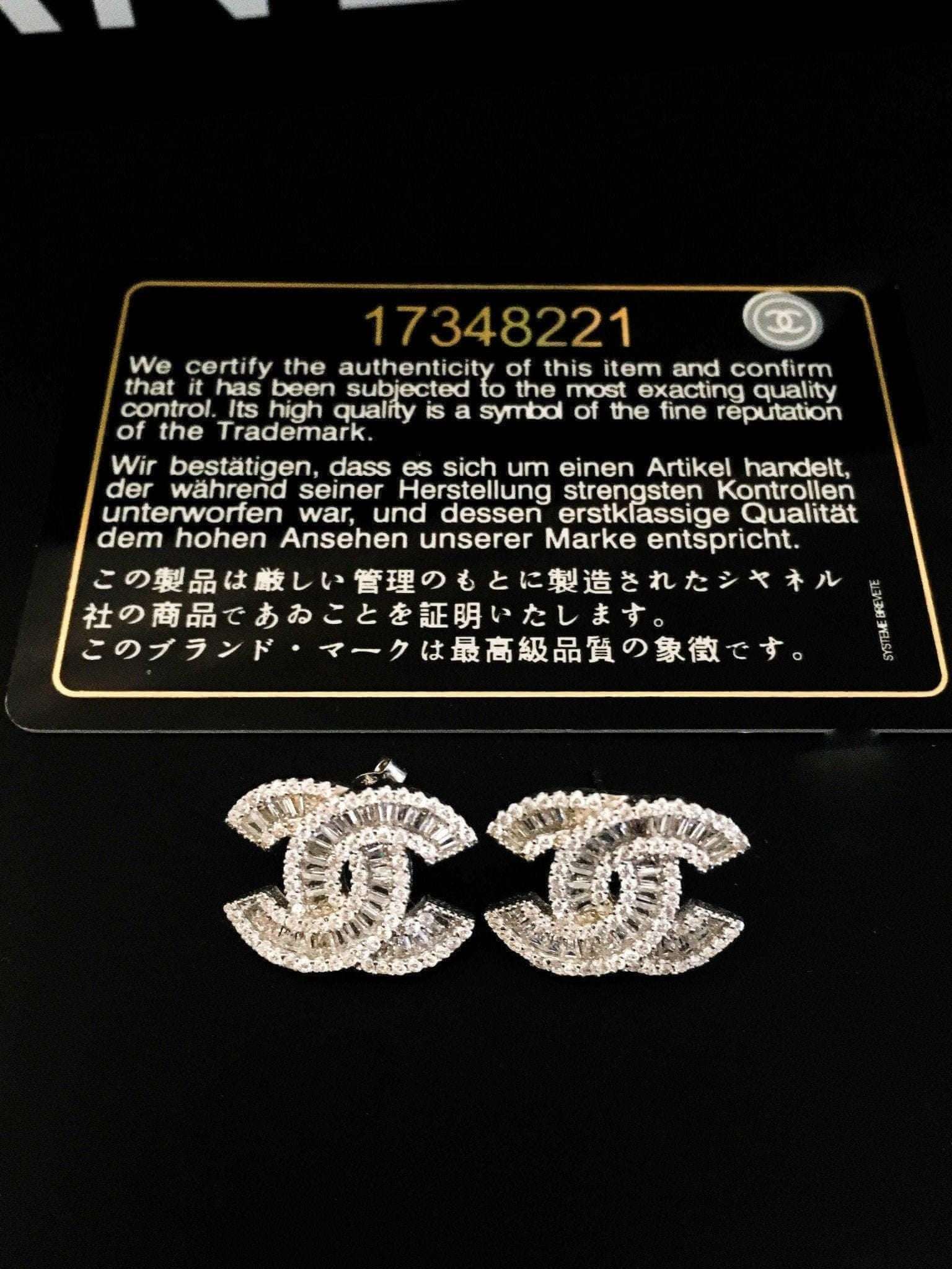 Chanel Vintage Set 925 Sterling Silver baguette cut logo earrings with authenticity card
