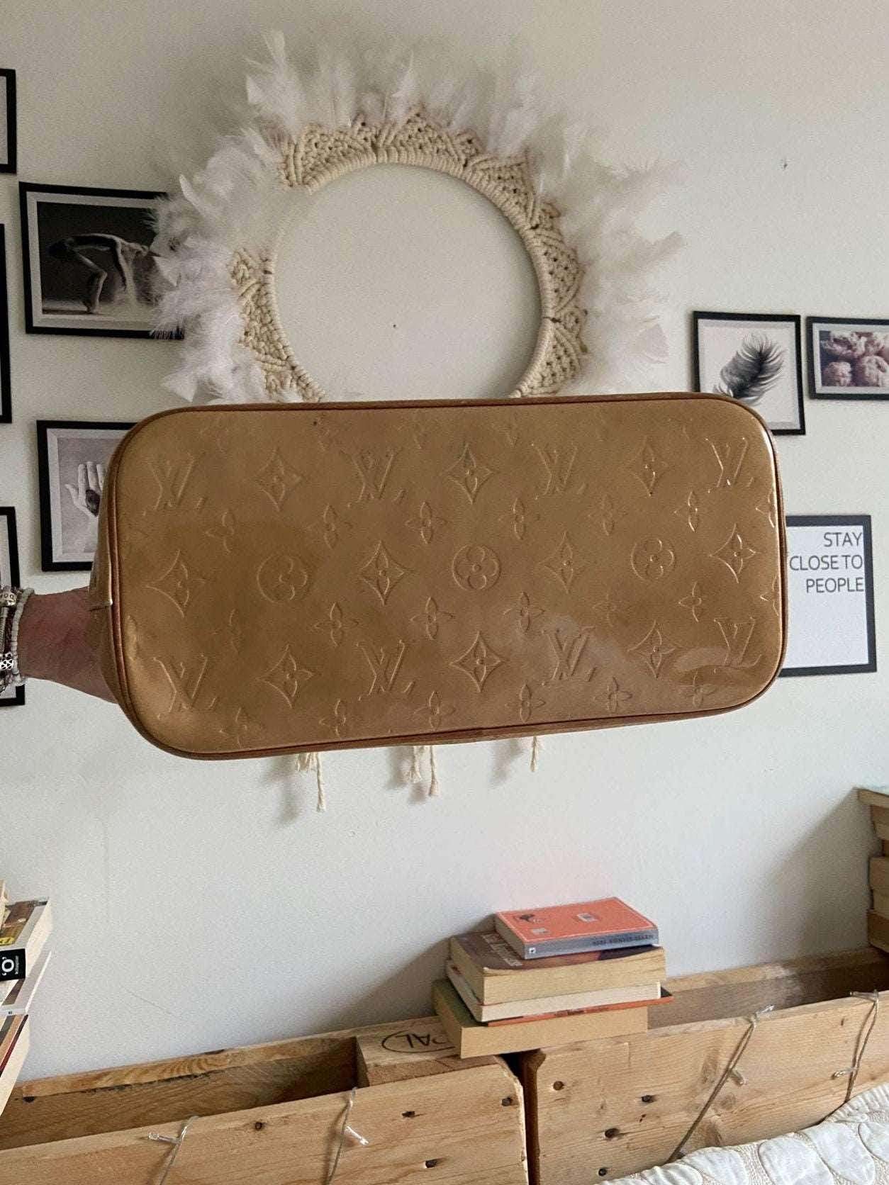 Louis Vuitton Vernis Houston yellow patent leather purse bottom embossed monogram design