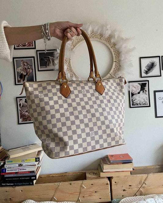 Louis Vuitton Damier Azur Saleya MM tote bag with checkered pattern and tan leather handles
