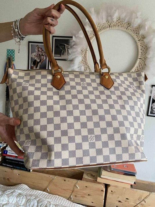 Louis Vuitton Damier Azur Saleya MM Tote Bag with leather handles and checkered pattern