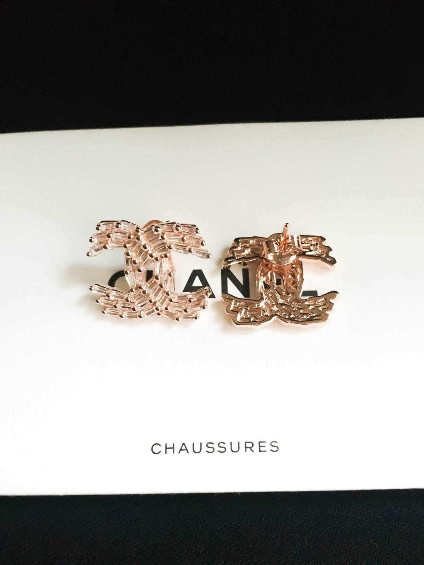 Chanel Rose Gold authentic stud earrings with 925 sterling silver and Italian baguette stones