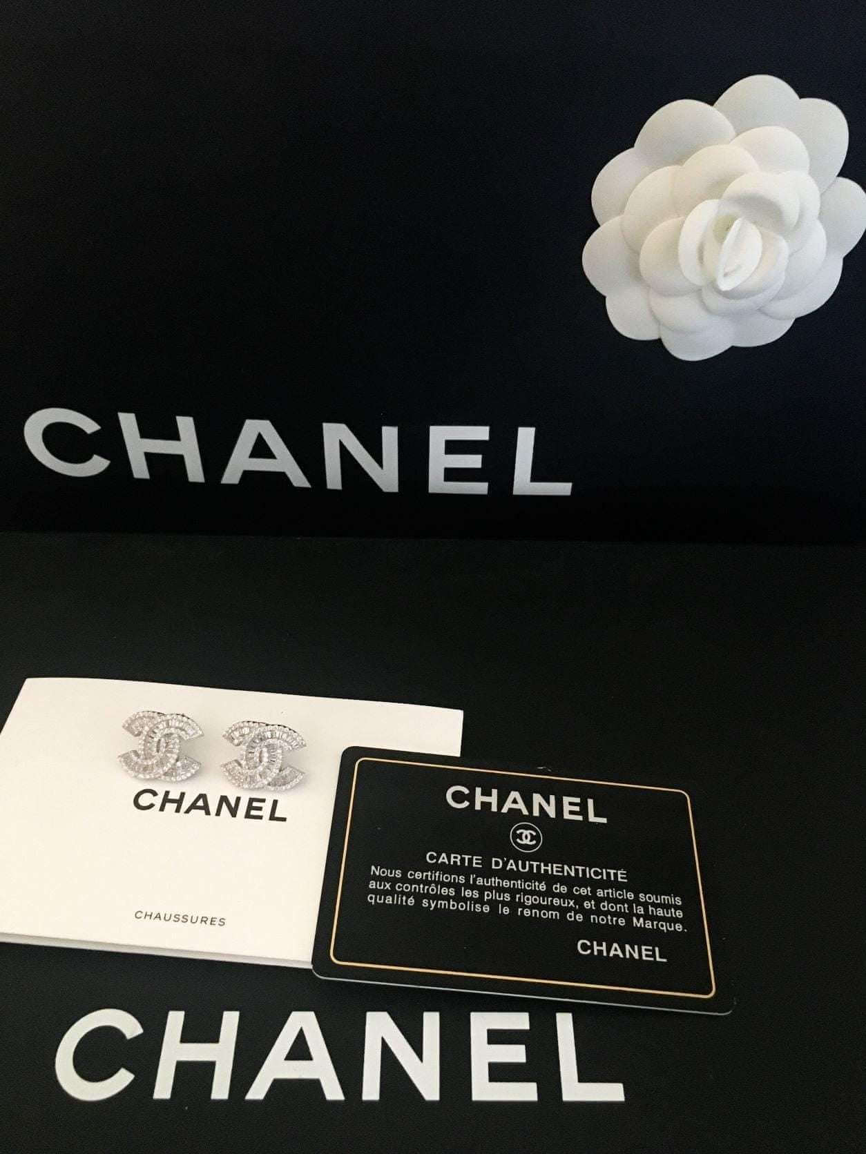 Authentic Chanel 925 Sterling Silver Stud Zircon Stone Baguette Cut Earrings - Tracesilver