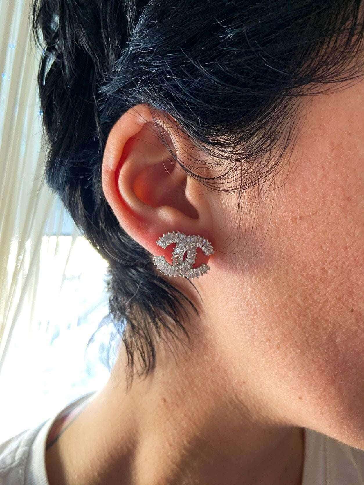 Authentic Chanel 925 Sterling Silver Stud Zircon Stone Baguette Cut Earrings - Tracesilver