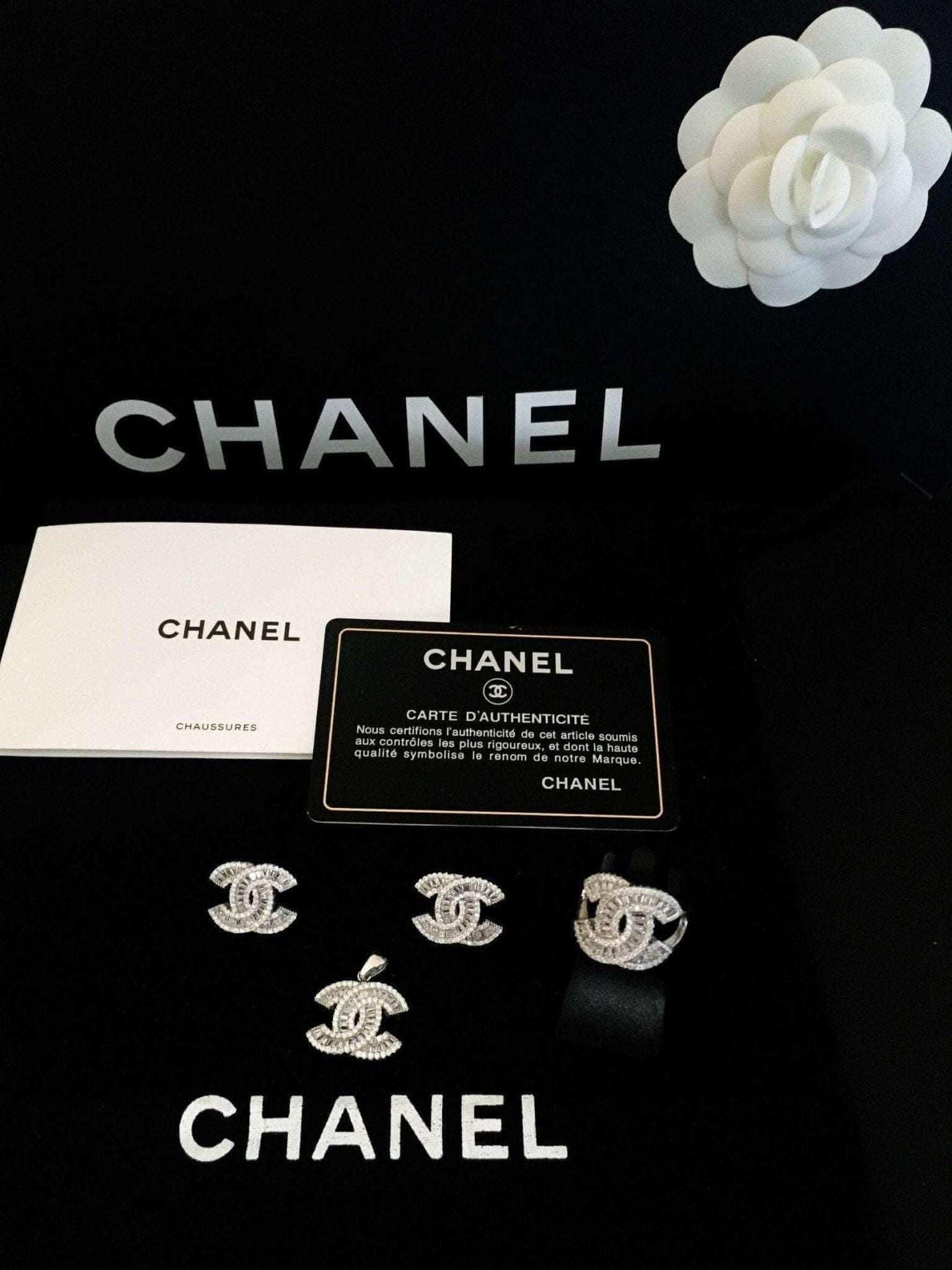 Authentic Chanel 925 Sterling Silver Stud Zircon Stone Baguette Cut Earrings - Tracesilver