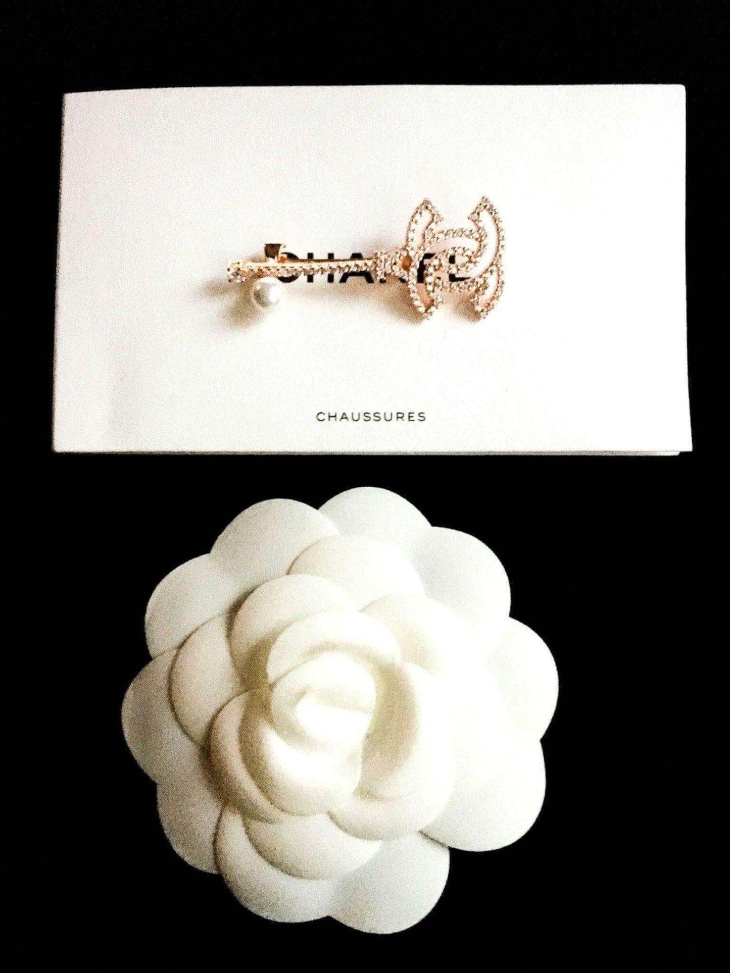 Chanel brooch 925 sterling silver with sparkling zirconia stones and pearl elegant vintage jewelry accessory