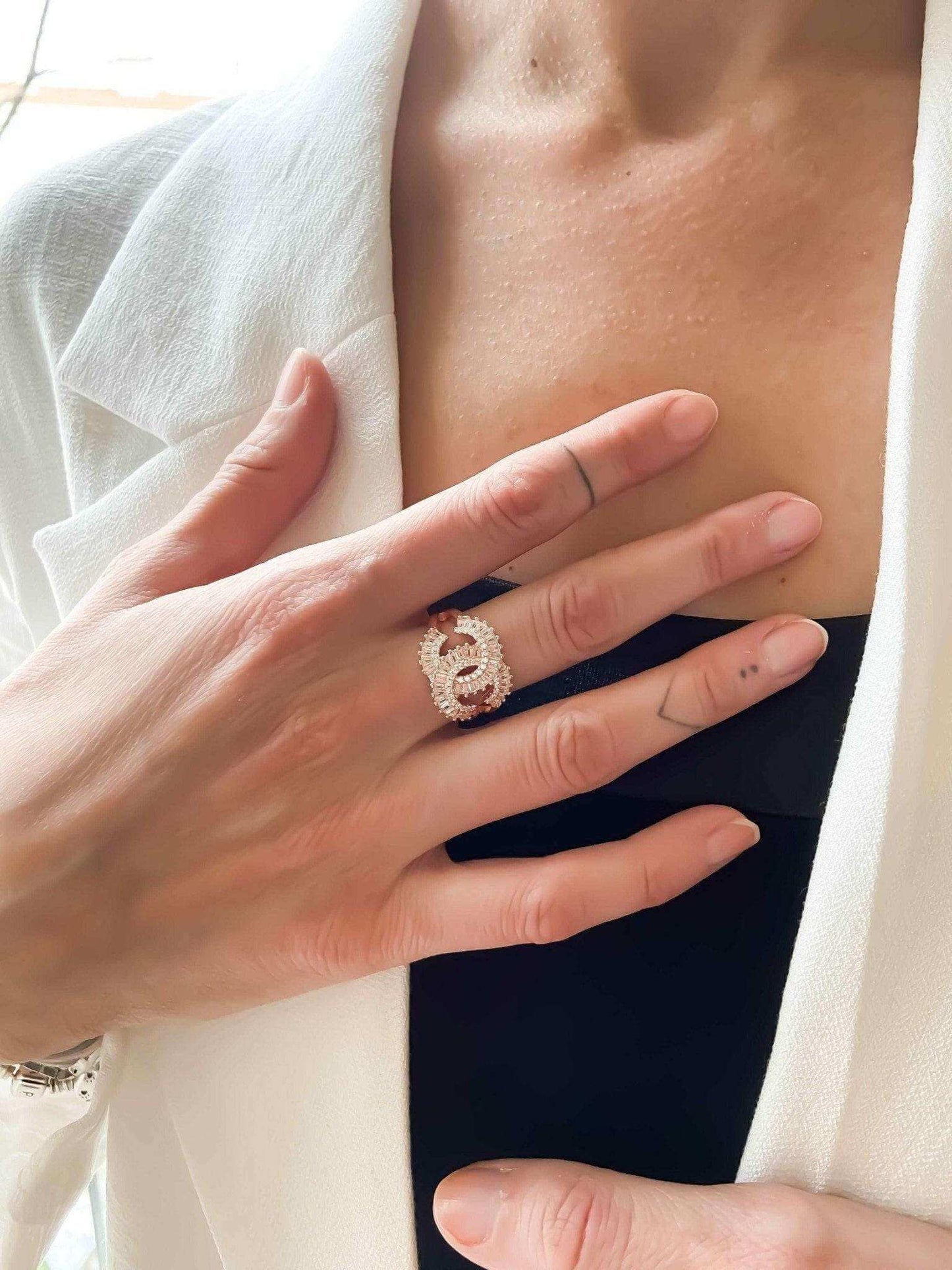 Chanel Luxury Jewelry 925 sterling silver ring with baguette stones in rose gold on hand