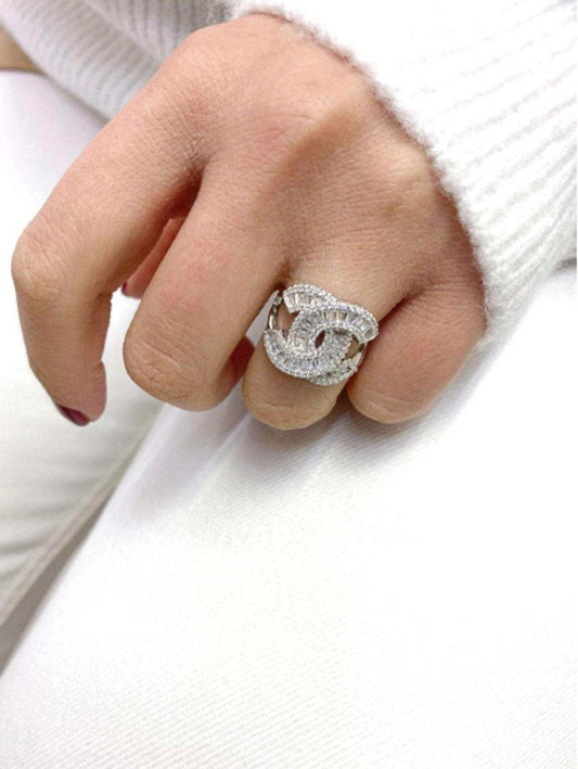 Authentic Chanel ring in 925 sterling silver with white zircon baguette stones on hand