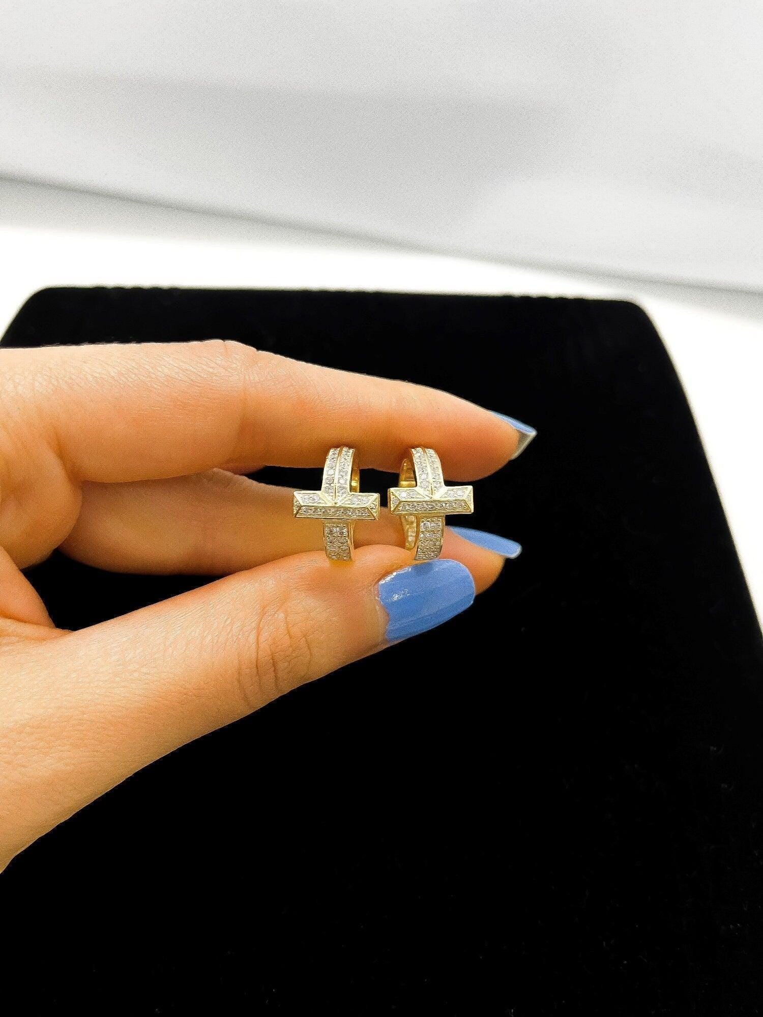 Tİffany&Co T1 925 Sterling Silver Gold Earrings For Her,Tiffany T T1 Gold Plated Earrings,Tiffany Zircon Stone - Tracesilver