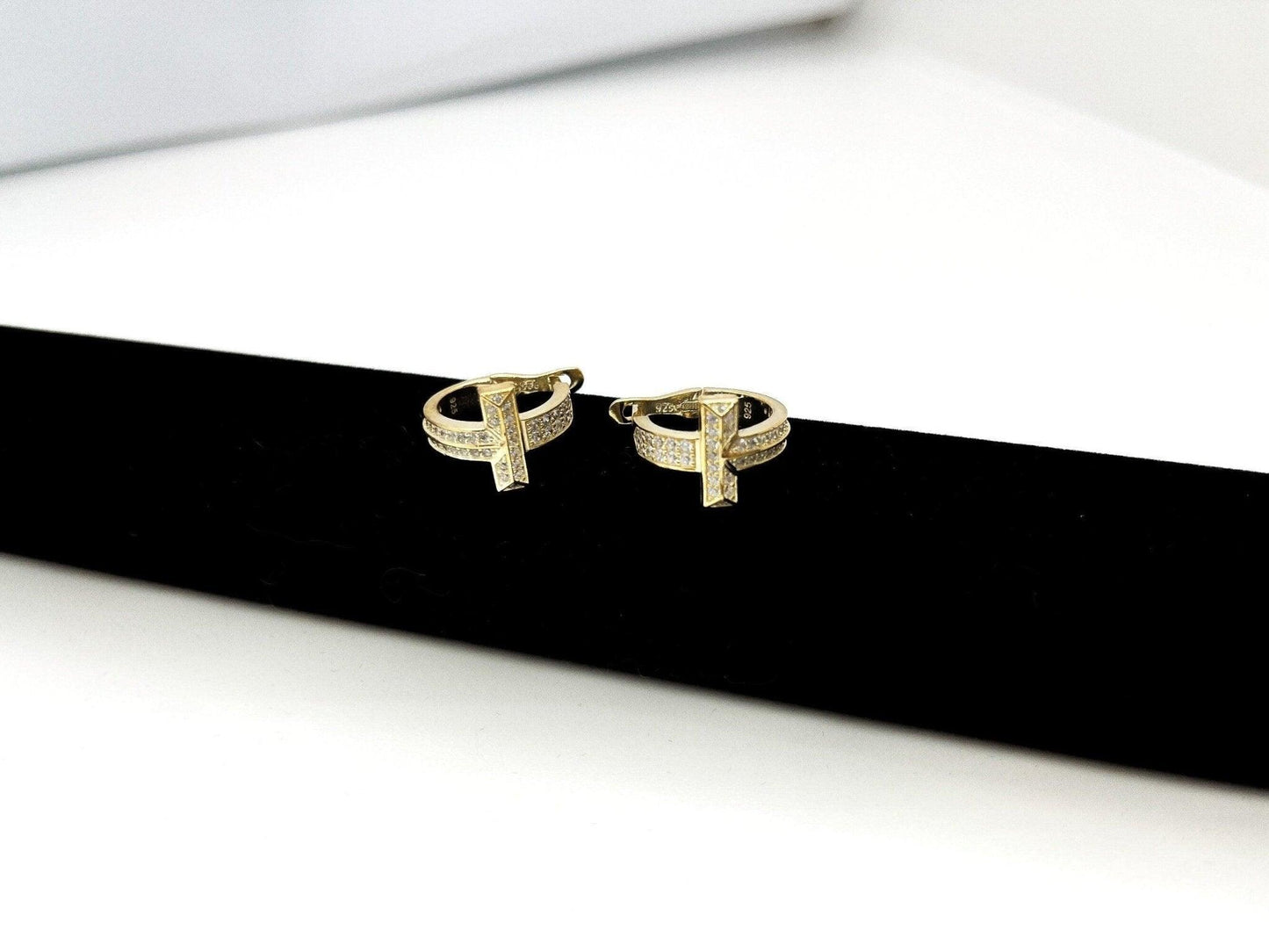 Tİffany&Co T1 925 Sterling Silver Gold Earrings For Her,Tiffany T T1 Gold Plated Earrings,Tiffany Zircon Stone - Tracesilver