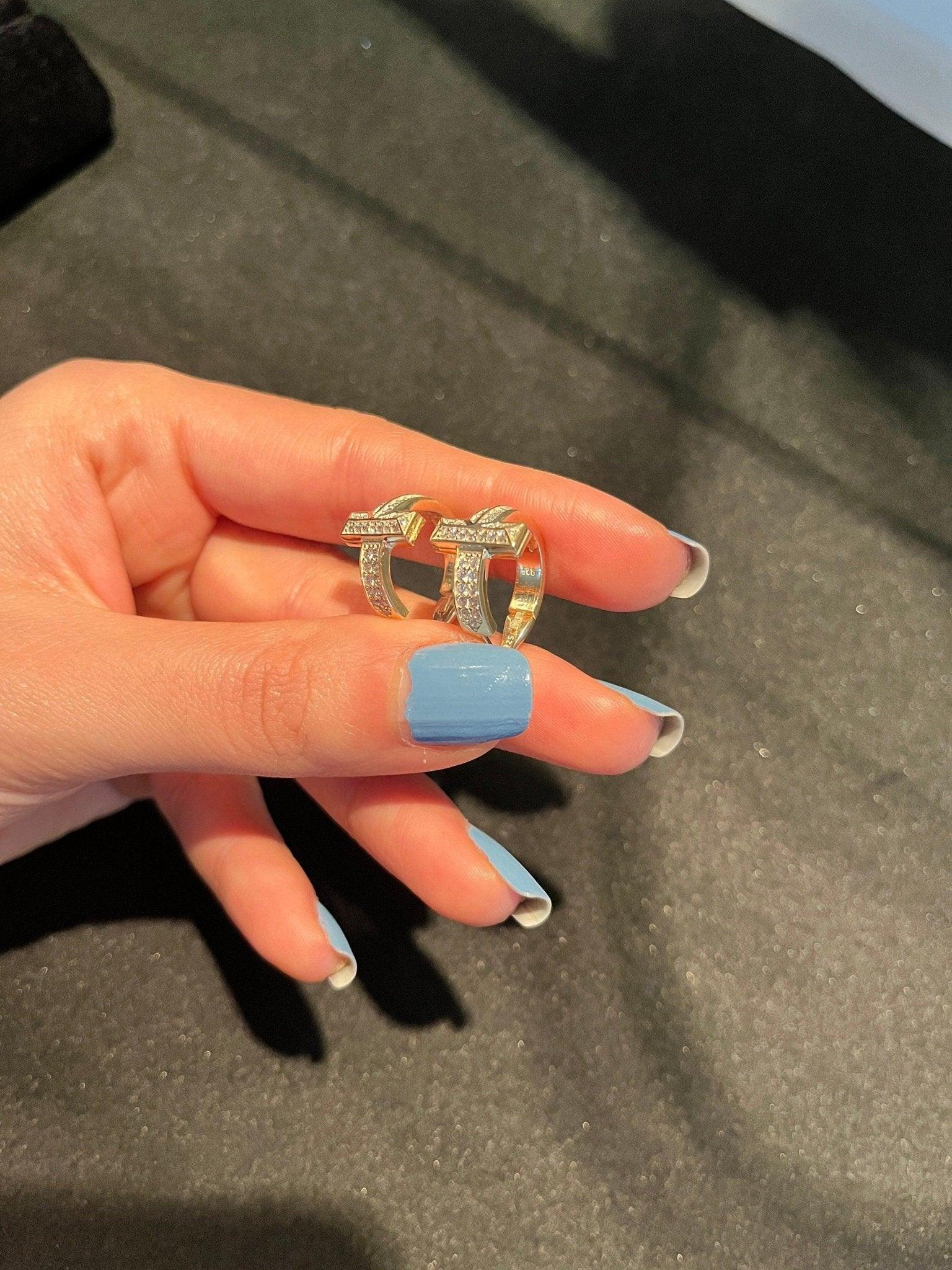 Tİffany&Co T1 925 Sterling Silver Gold Earrings For Her,Tiffany T T1 Gold Plated Earrings,Tiffany Zircon Stone - Tracesilver