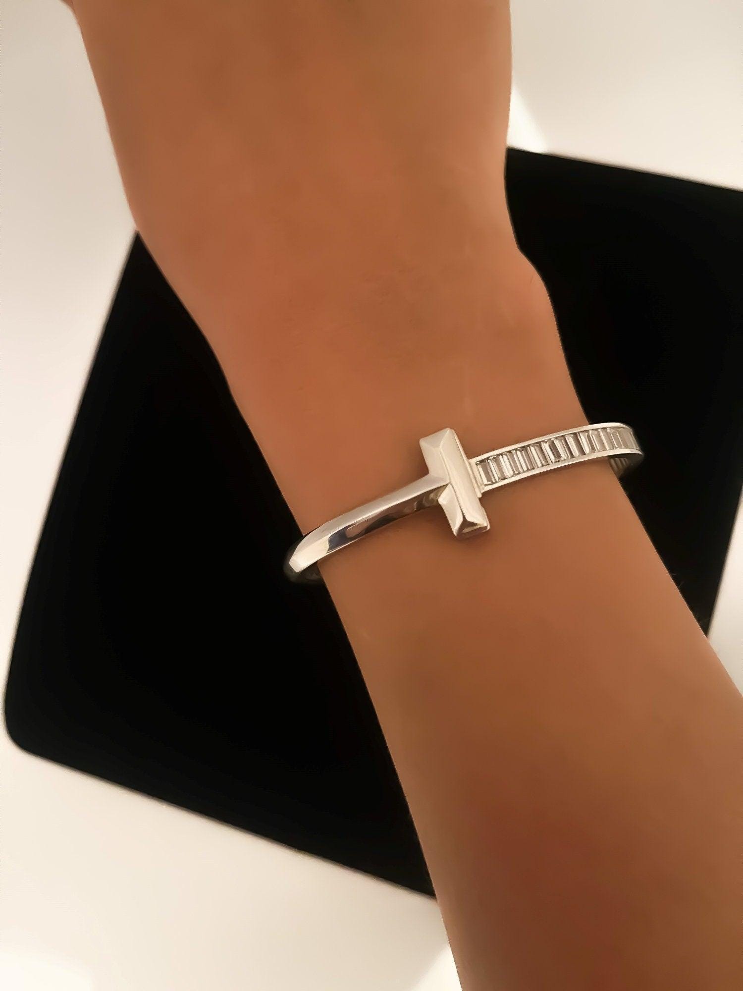 Tiffany&Co. T T1 Narrow Diamond Hinged Bangle 925 Sterling Silver Bracelet - Tracesilver