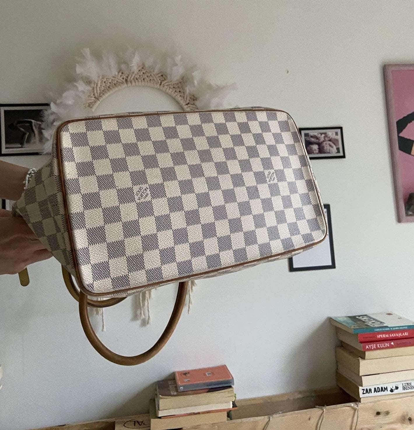 Louis Vuitton Damier Azur Saleya MM tote bag bottom view with checkered pattern and leather handles