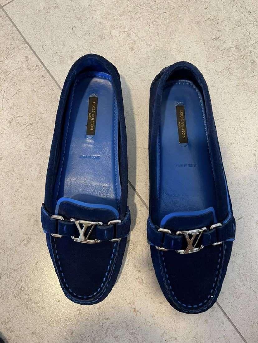 Louis Vuitton women's royal blue suede shoes with gold initials, size 37, vintage style