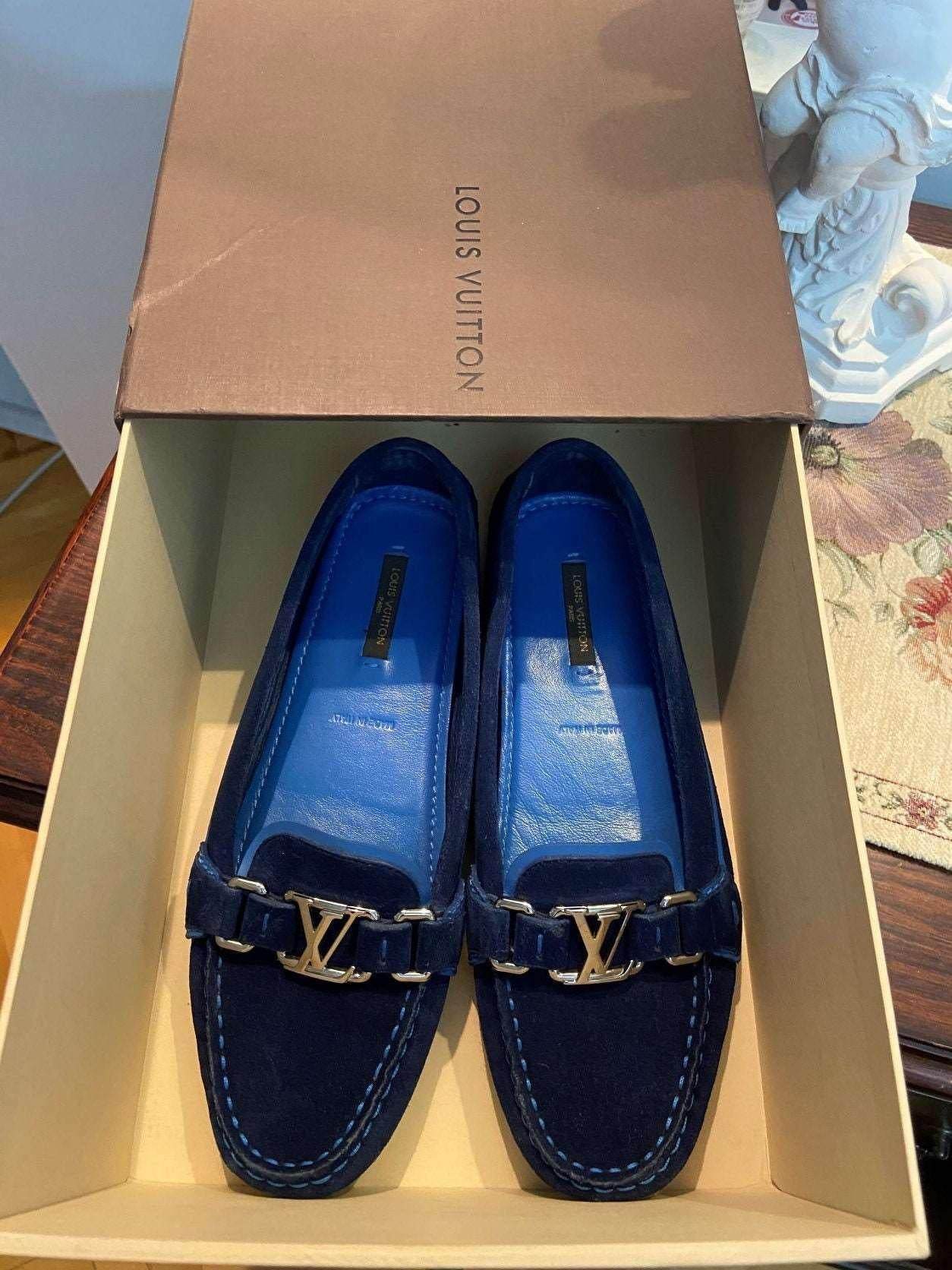 Louis Vuitton women's royal blue suede shoes with gold initials in box