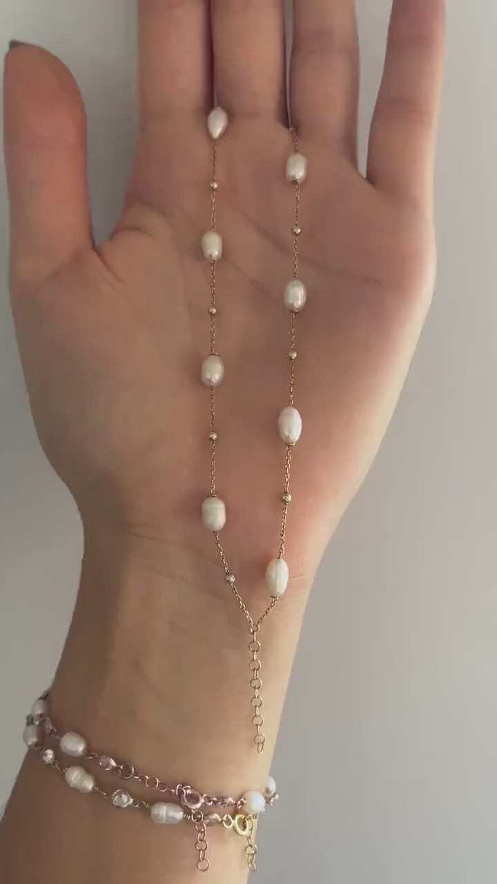Pearl Double Chain 925 Sterling Silver Bracelet ,Strand Pearl Bracelet,White Pearl Gold Plated Chain,Silver Pearl,Rose Gold,Handmade Silver