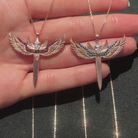 925 Sterling Silver Sword of Michael Rose Gold With Turquoise Stone Necklace | Michael's Sword Rose Gold Necklace | 925 Silver Turquoise