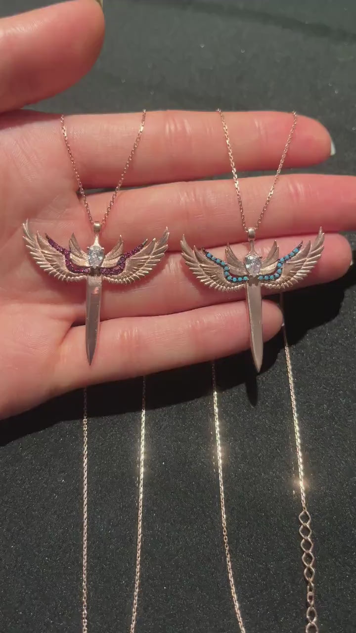 925 Sterling Silver Sword of Michael Rose Gold With Turquoise Stone Necklace | Michael's Sword Rose Gold Necklace | 925 Silver Turquoise