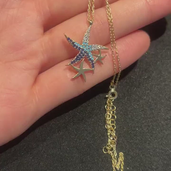 925 Sterling Silver Blue Starfish Handmade Necklace | Triple Stars Necklace | Starfish Necklace Blue Stars |Gold Chain Necklace|