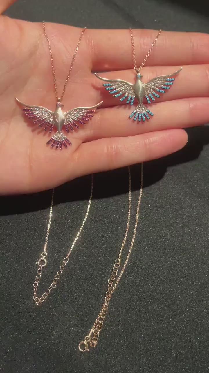 925 Sterling Silver Phoenix Necklace | Blue White Colorfull Phoenix | Blue Silver Phoenix Necklace | Phoenix Good News|Turqouıse Phoenix