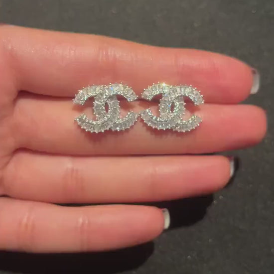 Authentic Chanel 925 Sterling Silver Stud Zircon Stone Baguette Cut Earrings