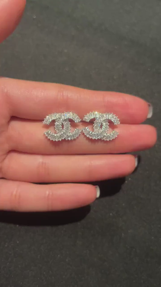 Authentic Chanel 925 Sterling Silver Stud Zircon Stone Baguette Cut Earrings