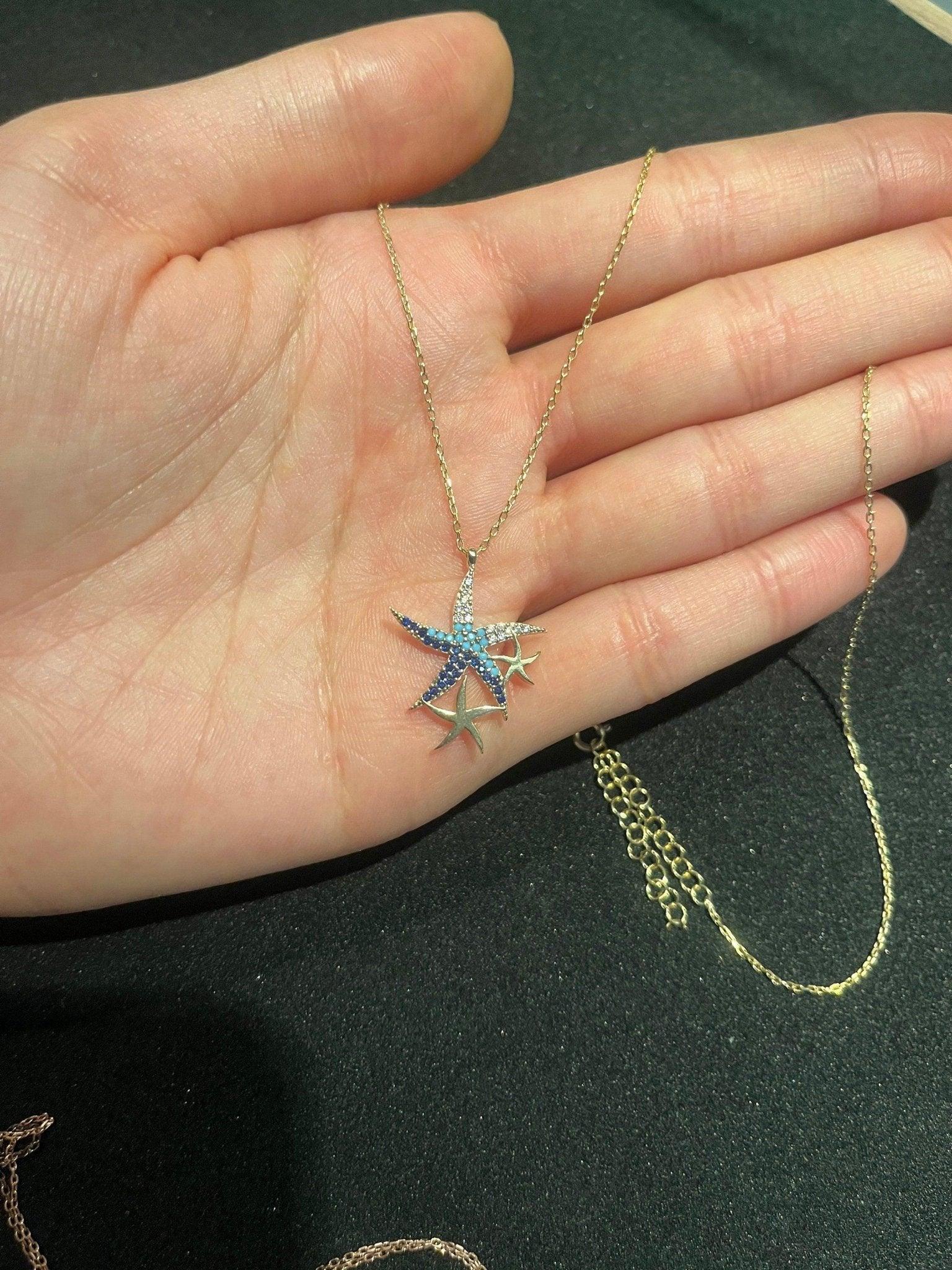 925 Sterling Silver Blue Starfish Handmade Necklace | Triple Stars Necklace | Starfish Necklace Blue Stars |Gold Chain Necklace| - Tracesilver