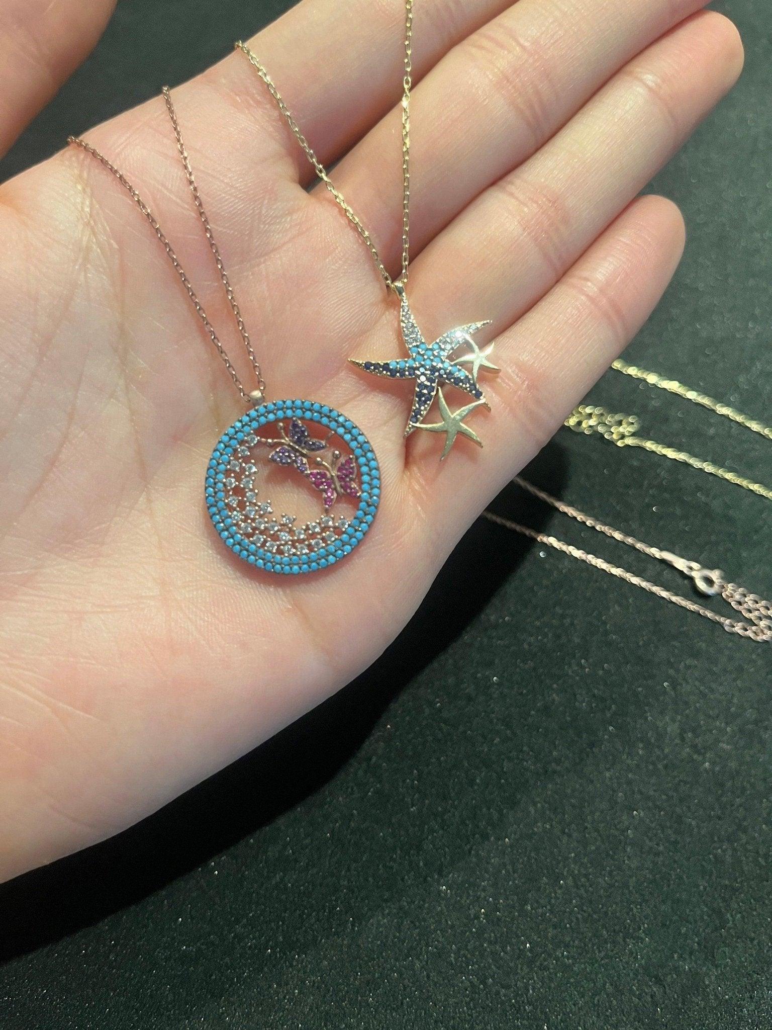 925 Sterling Silver Blue Starfish Handmade Necklace | Triple Stars Necklace | Starfish Necklace Blue Stars |Gold Chain Necklace| - Tracesilver