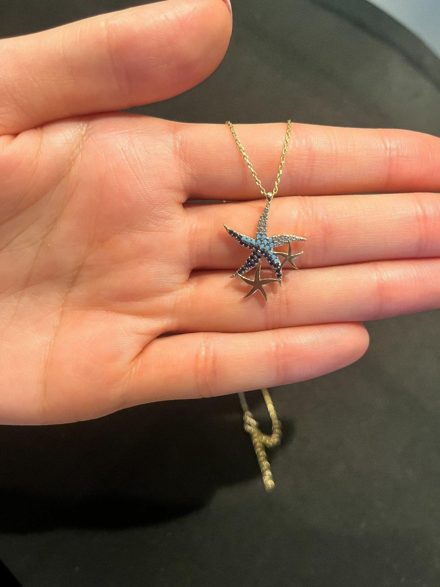 925 Sterling Silver Blue Starfish Handmade Necklace | Triple Stars Necklace | Starfish Necklace Blue Stars |Gold Chain Necklace| - Tracesilver