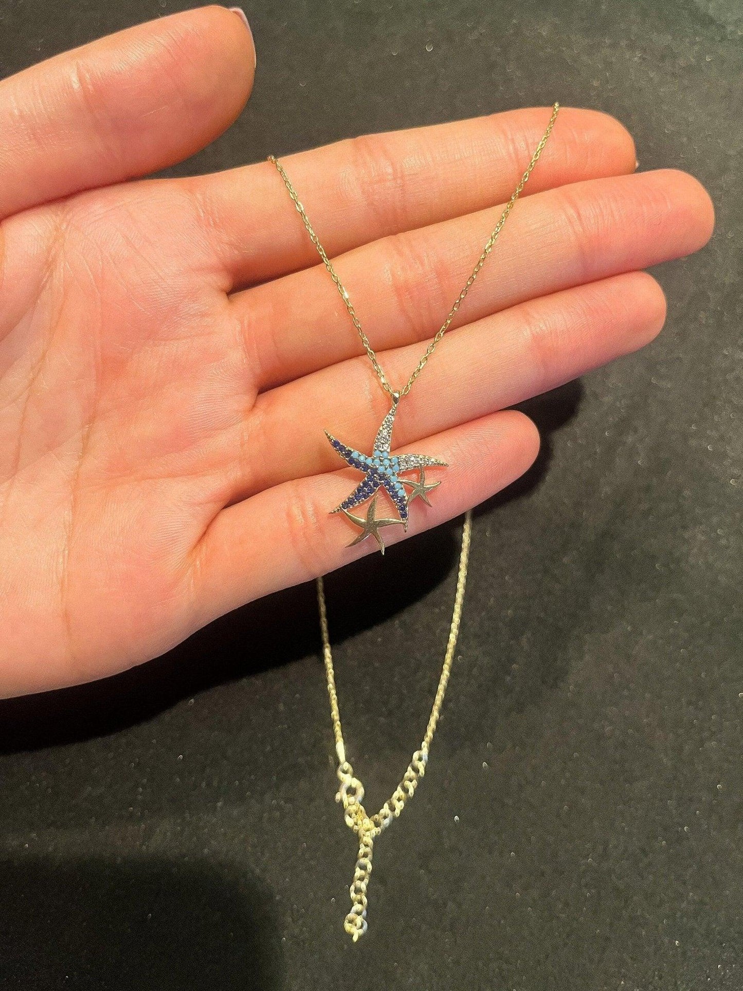 925 Sterling Silver Blue Starfish Handmade Necklace | Triple Stars Necklace | Starfish Necklace Blue Stars |Gold Chain Necklace| - Tracesilver