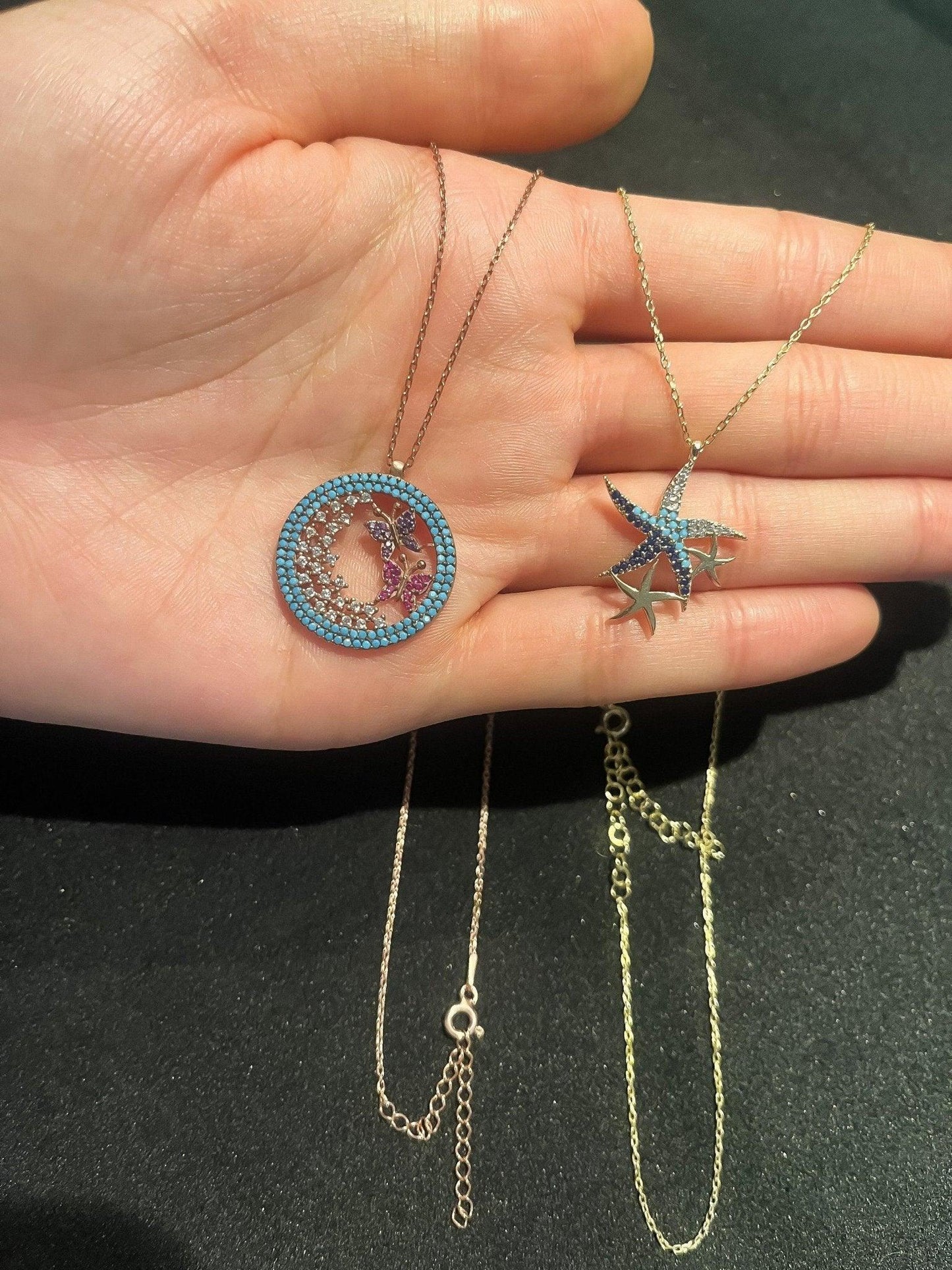925 Sterling Silver Blue Starfish Handmade Necklace | Triple Stars Necklace | Starfish Necklace Blue Stars |Gold Chain Necklace| - Tracesilver