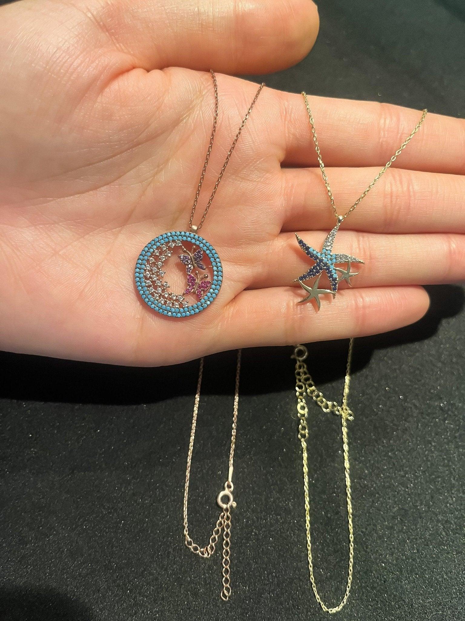 925 Sterling Silver Blue Starfish Handmade Necklace | Triple Stars Necklace | Starfish Necklace Blue Stars |Gold Chain Necklace| - Tracesilver