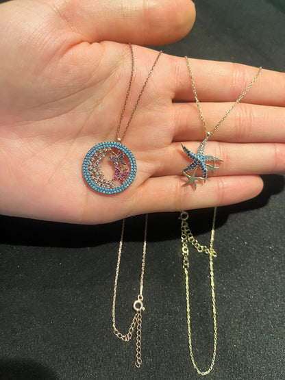925 Sterling Silver Blue Starfish Handmade Necklace | Triple Stars Necklace | Starfish Necklace Blue Stars |Gold Chain Necklace| - Tracesilver