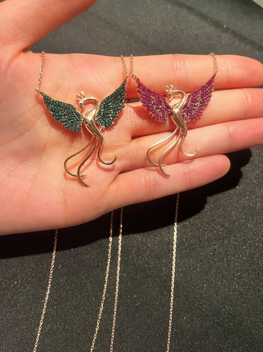 925 Sterling Silver Handmade Phoenix Necklace| Bordoex Phoenix | Red Phoenix | Zircon Stone | Green Phoenix | Blue Phoenix Necklace - Tracesilver