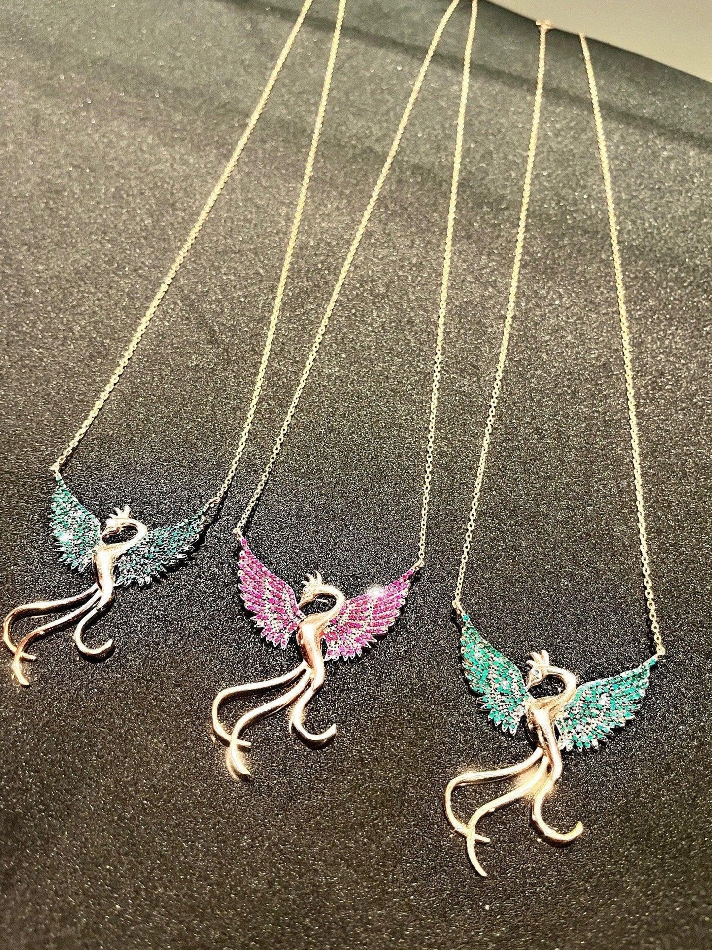 925 Sterling Silver Handmade Phoenix Necklace| Bordoex Phoenix | Red Phoenix | Zircon Stone | Green Phoenix | Blue Phoenix Necklace - Tracesilver