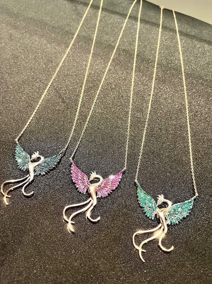 925 Sterling Silver Handmade Phoenix Necklace| Bordoex Phoenix | Red Phoenix | Zircon Stone | Green Phoenix | Blue Phoenix Necklace - Tracesilver