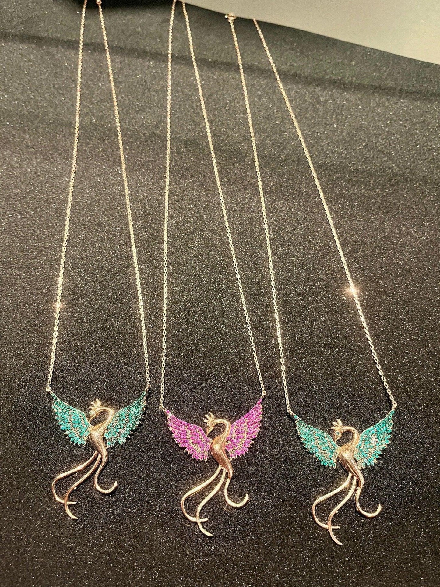 925 Sterling Silver Handmade Phoenix Necklace| Bordoex Phoenix | Red Phoenix | Zircon Stone | Green Phoenix | Blue Phoenix Necklace - Tracesilver