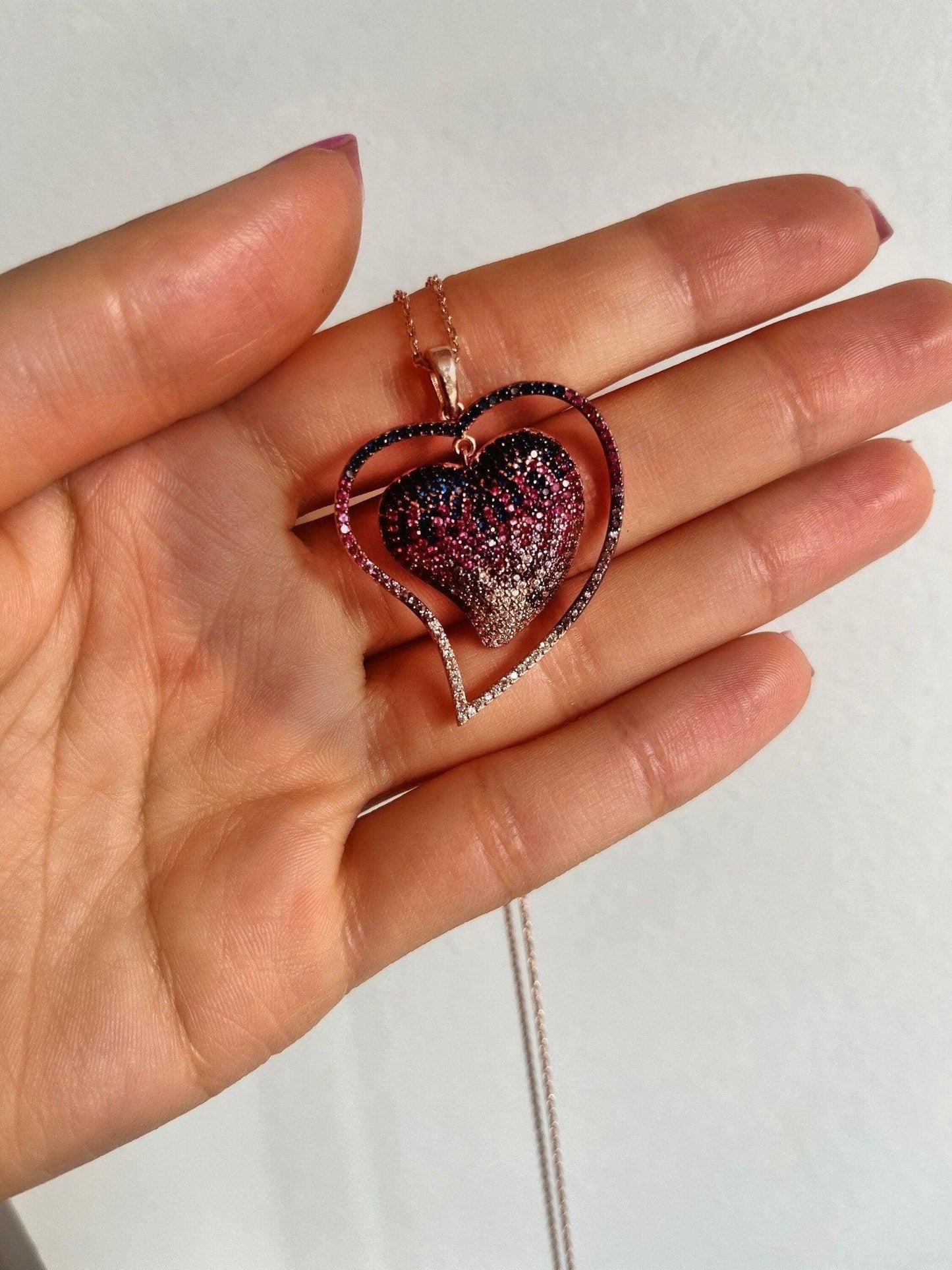 925 Sterling Silver Ombre Heart Necklace | Pink Purple Ombre Silver Necklace |Colorfull Necklace |Purple Heart Necklace - Tracesilver
