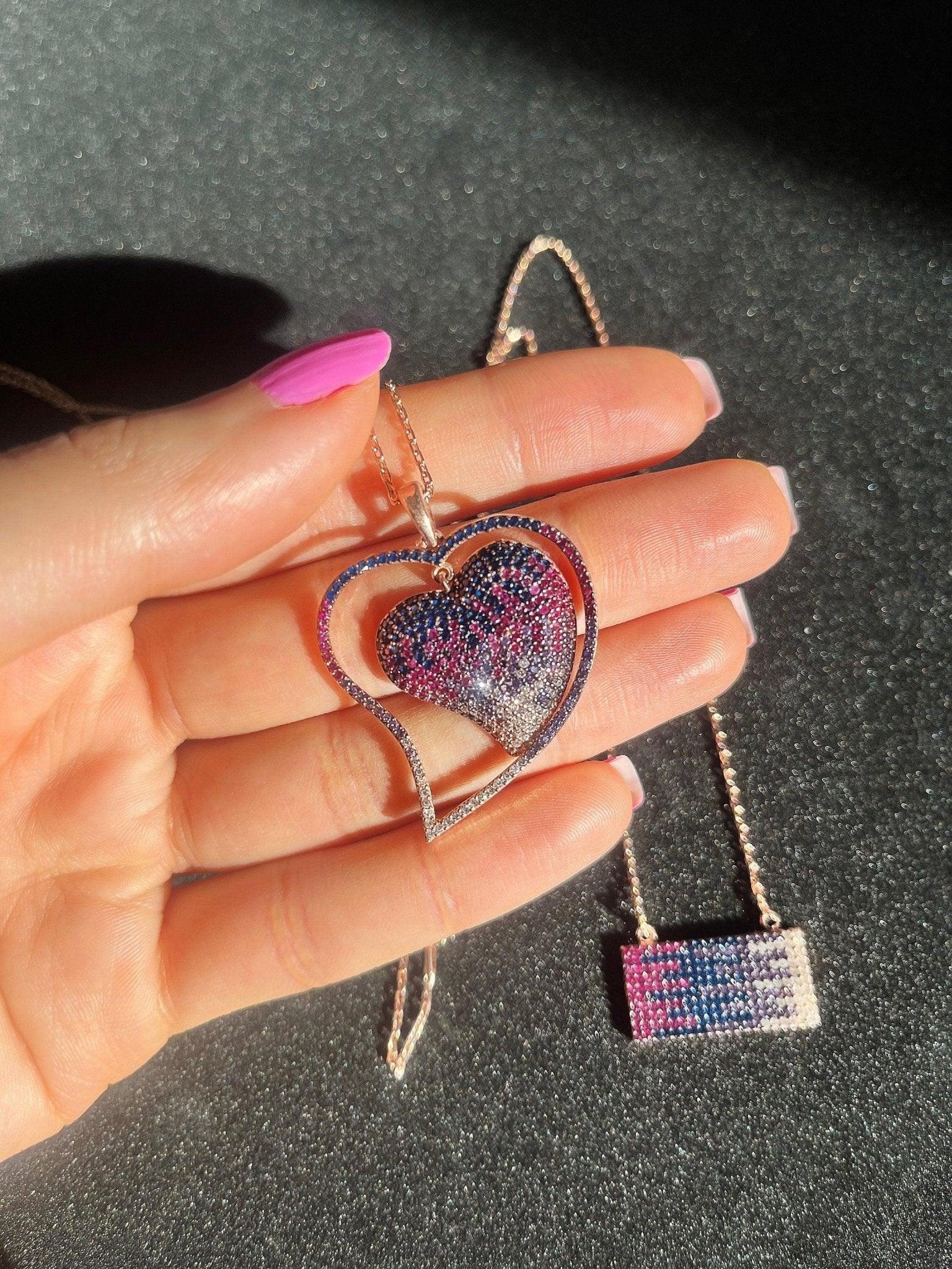 925 Sterling Silver Ombre Heart Necklace | Pink Purple Ombre Silver Necklace |Colorfull Necklace |Purple Heart Necklace - Tracesilver